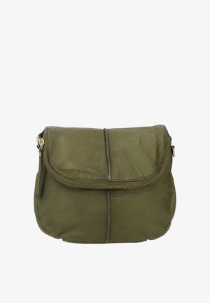 Oliiviroheline nahast üleõlakott, millel on ees tõmblukuga klapp ja nähtavad vertikaalsed õmblused.