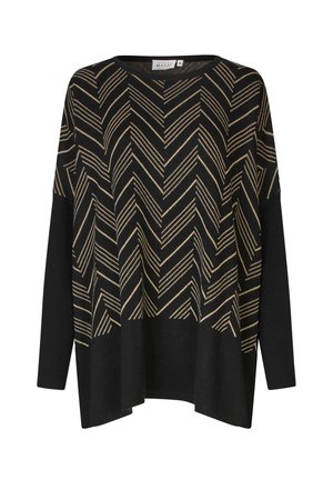 Maglione nero a maglia con un motivo a zigzag dorato, design rilassato con maniche lunghe e scollo tondo. Tessuto testurizzato con dettagli a coste.