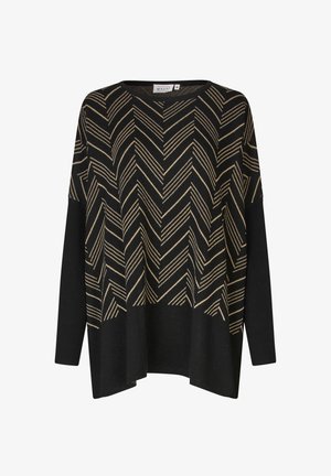 Černý pletený svetr se zlatým zigzagovým vzorem, volný střih s dlouhými rukávy a kulatým výstřihem. Tkanina s texturou a žebrovanými prvky.