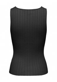 Haut noir en maille côtelée sans manches avec un col rond et une taille ajustée, vu de dos.