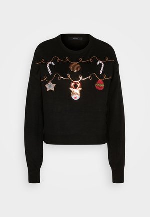 Black cropped sweater featuring festive embroidery, including a reindeer, ornaments, candy canes, and a star against a textured background.