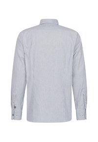Langarmhemd in blau-weißen vertikalen Streifen mit klassischen Button-Down-Kragen und mit kontrastierenden Akzenten versehenen Knopfmanschetten.