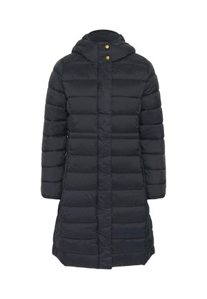 Must must pikk, must puffer-katte, millel on kapuuts, tikkimine, nupud ja sirge siluett. Valmistatud kergest, veekindlast materjalist.