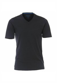 Mørkeblå kortærmet t-shirt med V-hals, lavet af bomuld, med en almindelig pasform og en diskret blå detalje inden i halsudskæringen.