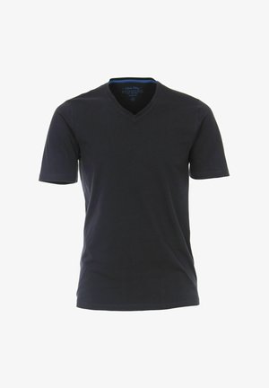 Dunkelblaues T-Shirt mit kurzen Ärmeln und V-Ausschnitt, aus Baumwolle, mit normaler Passform und einem dezenten blauen Akzent im Kragen.