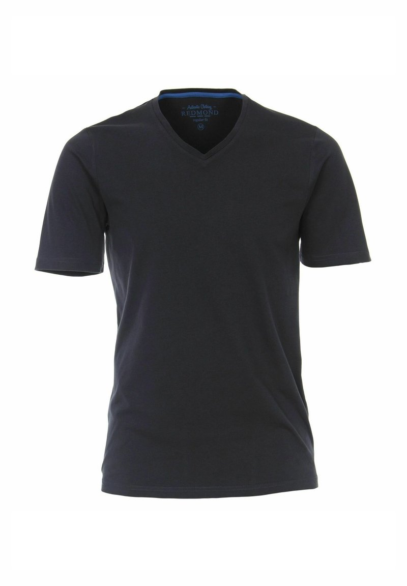 Mørkeblå kortærmet t-shirt med V-hals, lavet af bomuld, med en almindelig pasform og en diskret blå detalje inden i halsudskæringen.