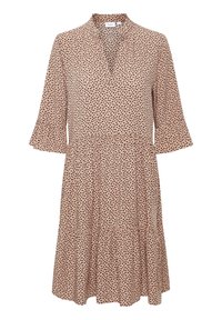 Vestido de manga corta y escote en V en beige con lunares negros, con falda de capas y mangas acampanadas. Hecho de tela ligera.