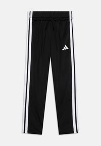 Svarta träningbyxor med vita sidosträck, gjorda av lättviktig tyg, med en elastisk midja med dragsko och en Adidas-logotyp.