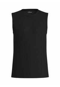 Schwarzes ärmelloses Top aus einem glatten, dehnbaren Stoff. Rundhalsausschnitt, einfaches Design ohne zusätzliche Muster oder Verzierungen.