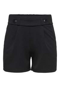 Black shorts made of smooth fabric, featuring a wide waistband with two button accents, pleats at the front, and side pockets.