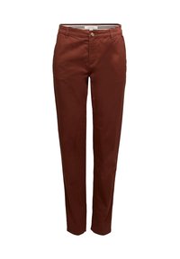 Brązowe spodnie typu slim-fit z zapięciem na guzik, szlufkami na pasek, przednimi kieszeniami oraz paskiem wewnętrznym w paski.