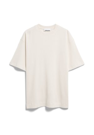 Cremefarbenes, kurzärmeliges, geripptes T-Shirt mit rundem Halsausschnitt und kleinem Markenlabel innen am hinteren Kragen.