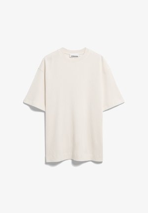 Cremefarbenes, kurzärmeliges, geripptes T-Shirt mit rundem Halsausschnitt und kleinem Markenlabel innen am hinteren Kragen.