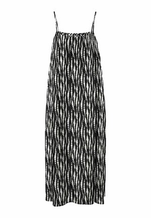 Zwarte jurk met dunne bandjes, voorzien van een wit abstract patroon van verticale lijnen en cirkels. Zachte stof, losse fit, enkellange ontwerp.