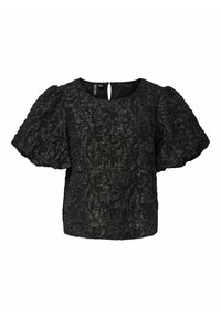Svart texturerad blus med korta puffärmar, rund halsringning och en bakre nyckelhålöppning, med ett upphöjt mönster över tyget.