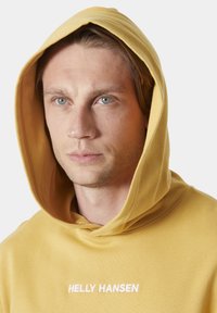 Žlutá mikina s kapucí na stahování a bílým vyšitým logem "HELLY HANSEN" na hrudi, se sametově hladkým povrchem.