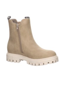 Bottines beige en cuir lisse, avec fermeture éclair sur le côté et semelle blanche épaisse dotée de motifs profonds pour une meilleure adhérence.