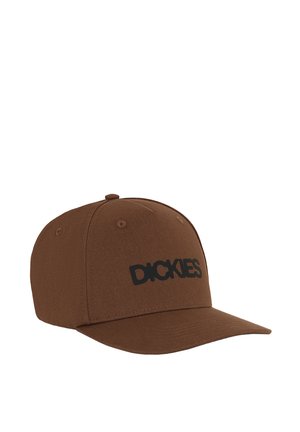 Brown cap made of fabric with a structured shape. Features a black "DICKIES" logo on the front and a curved brim.