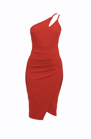 Rochie roșie, ajustată, cu un singur bretele și detaliu decupat. Confecționată dintr-un material elastic, având accentuări plissate și o margine diagonală.