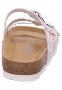 Sandale à semelle en liège avec un dessus à imprimé floral multicolore blanc, dotée de trois bandes réglables et d'une semelle intérieure ergonomique.