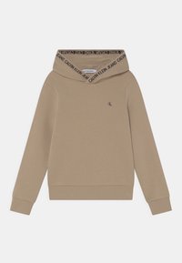 Béžová mikina s dlouhým rukávem a textem "Calvin Klein Jeans" na podšívce kapuce, s malým logem "cK" na hrudi.