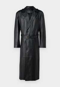 Zwarte leren trenchcoat met een dubbelzijdig ontwerp, ceintuur in de taille en schouderepauletten. Glad textuur en knielengte.