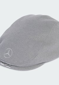 Gray wool flat cap featuring a rounded shape, subtle stitching, and a Mercedes-Benz logo embroidered on the front.
