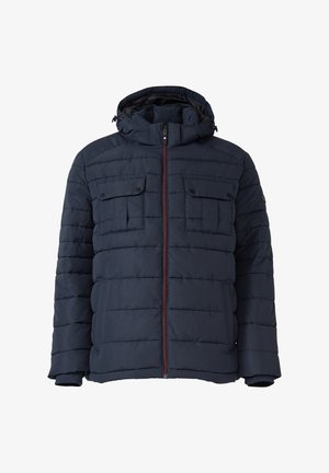 Doudoune d'hiver bleu marine avec capuche, fermeture éclair frontale, deux poches poitrine à boutons et poches latérales pour les mains.