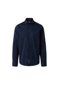 Camicia a maniche lunghe blu navy in tessuto liscio, con chiusura a bottoni sul davanti, colletto classico e un discreto dettaglio dell'etichetta sull'orlo.