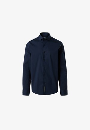 Camicia a maniche lunghe blu navy in tessuto liscio, con chiusura a bottoni sul davanti, colletto classico e un discreto dettaglio dell'etichetta sull'orlo.