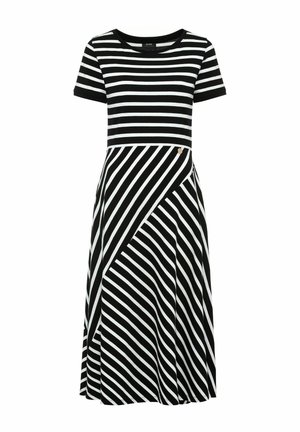 Czarna i biała sukienka w paski z krótkimi rękawami, z ukośnymi wzorami pasków, okrągłym dekoltem i wyraźnym logo na talii.