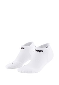 Witte sportieve sokken met ribbelstructuur, lage snit en zwart logo. Heeft cushioned zolen en stippen grippatronen.