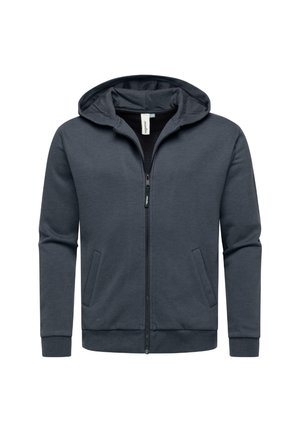 Sweatshirt à capuche zippé en tissu gris foncé. Comprend une fermeture éclair à l'avant, deux poches latérales, des poignets côtelés et une capuche doublée.