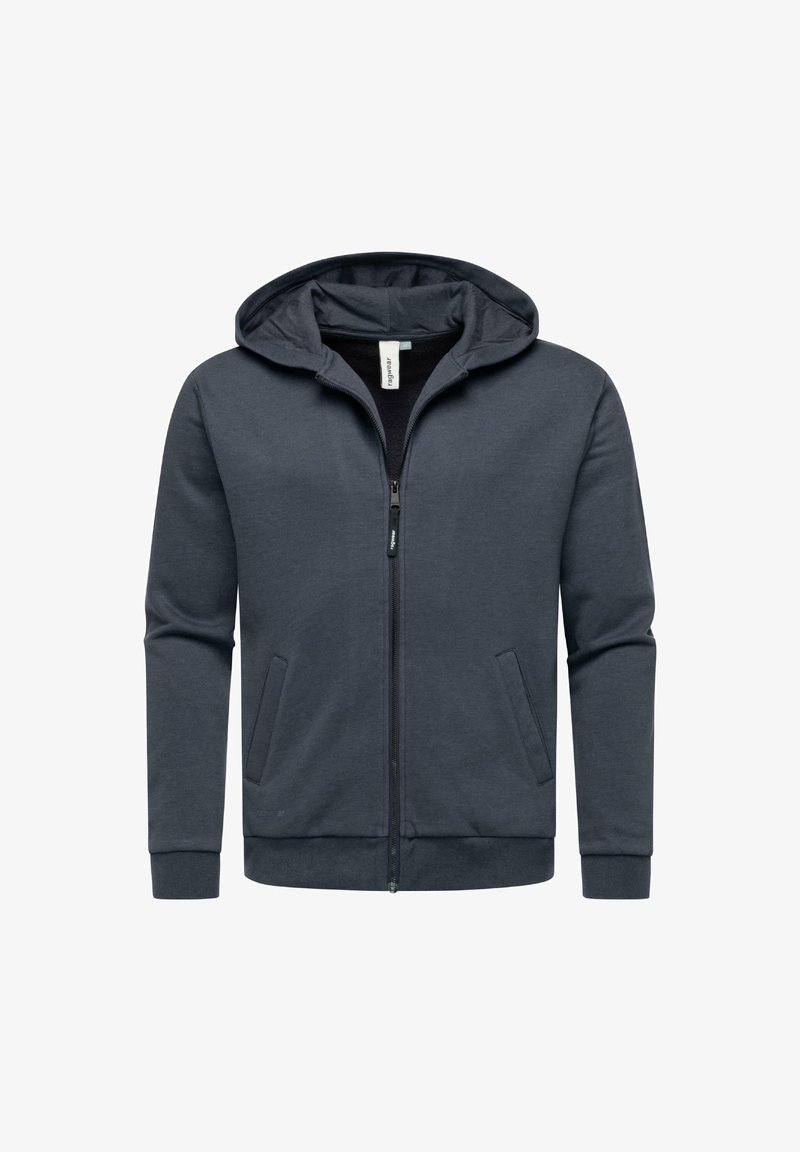 Felpa con cappuccio e zip in tessuto grigio scuro. Presenta una cerniera frontale, due tasche laterali, polsini a costine e un cappuccio foderato.