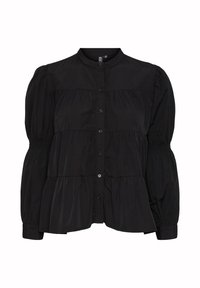 Blusa nera con bottoni, colletto alto, maniche a sbuffo e design a strati. Realizzata in tessuto morbido con una vestibilità rilassata e dettagli arricciati.