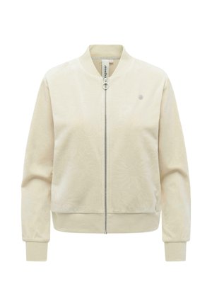 Cream-colored zip-up bomber jacket with subtle floral pattern, ribbed cuffs and hem, and small round metal logo on chest.