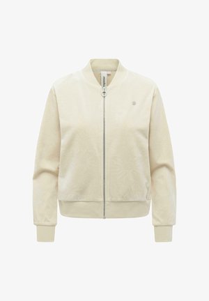 Kremowa kurtka bomberka na zamek z delikatnym kwiatowym wzorem, prążkowanymi mankietami i krawędzią oraz małym okrągłym metalowym logo na piersi.