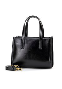 Černá kožená kabelka s hladkou strukturou, strukturovaným designem, dvojitými krátkými uchy a odnímatelným popruhem se zlatými kovovými doplňky.