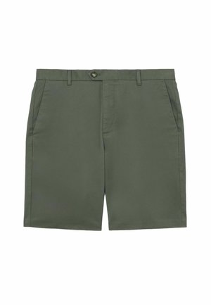 Voľnočasové krátke nohavice olivovo zelenej farby s opaskovými slučkami, zapínaním na gombíky, bočnými vreckami a rovnými lemami.