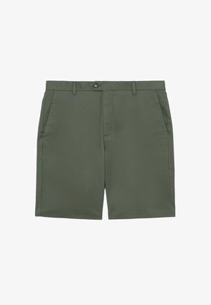 Pantalones cortos casuales en verde oliva con trabillas para cinturón, cierre de botones, bolsillos laterales y dobladillo recto.