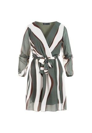 Térdig érő átkötős ruha hosszú, áttetsző ujjakkal, övvel a deréknál, zöld, fehér és barna árnyalatú hullámos függőleges csíkokkal.