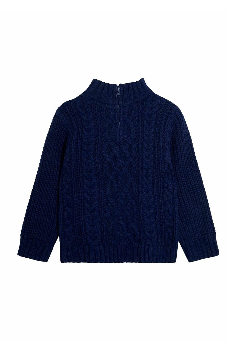 Maglione in filo a coste di colore blu navy con zip a metà e colletto alto a coste, maniche lunghe e motivi texturizzati sul corpo e sulle maniche.