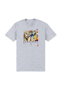 Světle šedé tričko s barevným abstraktním čtvercem umění Kandinského, s černým nápisem "KANDINSKY" pod ním a malým logem "apoh" vpravo nahoře.