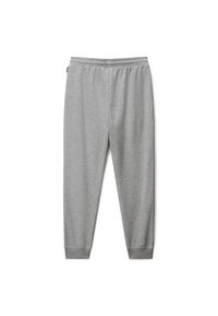Pantaloni della tuta grigio chiaro con cintura elastica e polsini a costine alle caviglie, disposti piatti su sfondo bianco.