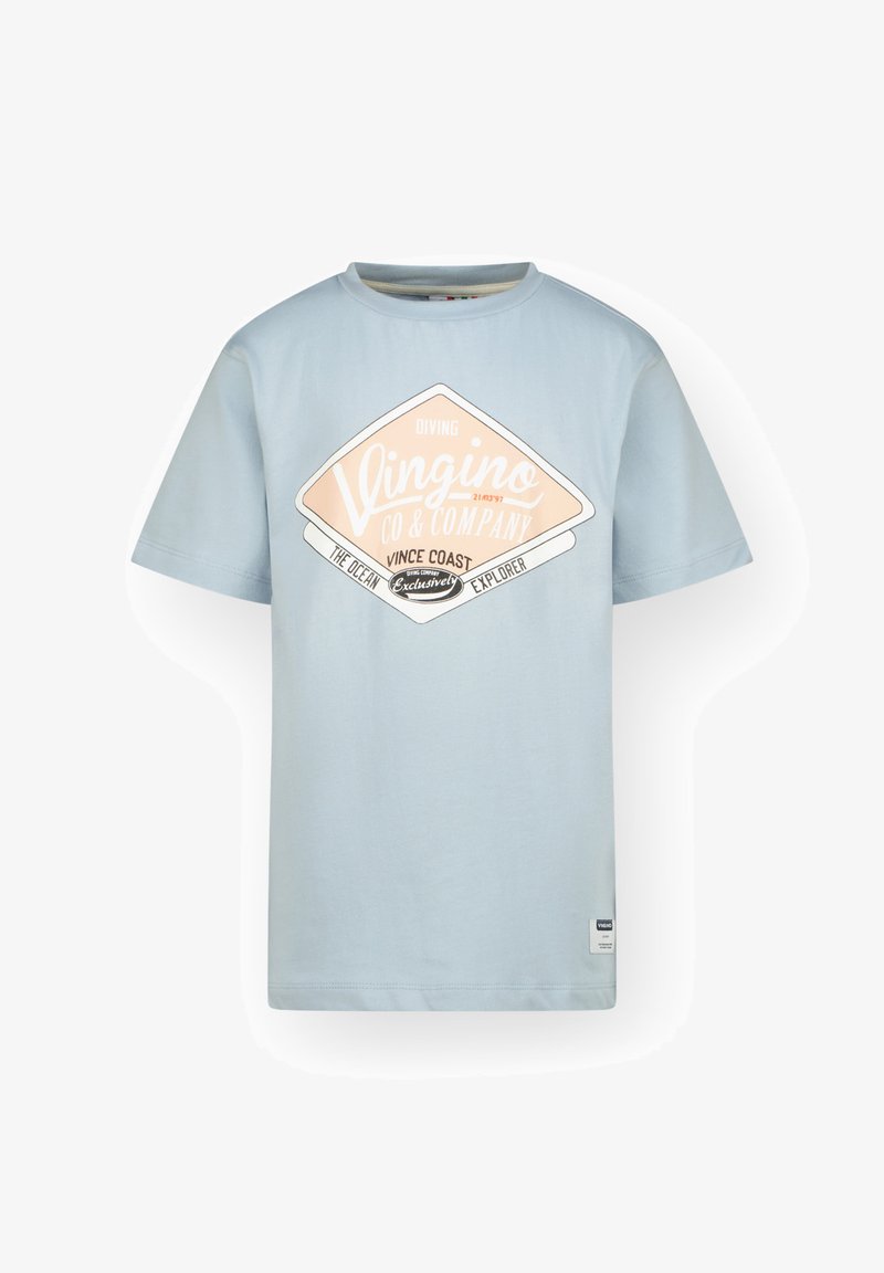T-shirt de algodão azul claro com gráfico em forma de diamante em cores pastel e texto. Design de mangas curtas e gola redonda.