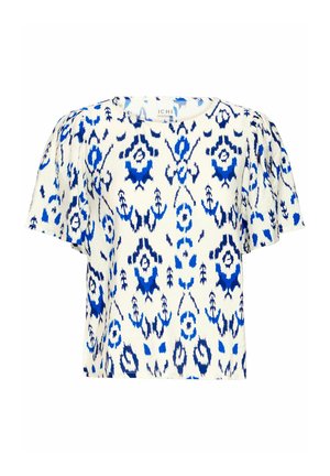 Kratka majica s kratkimi rokavi v kremni barvi z modrim abstraktnim cvetličnim vzorcem, z naborki na rokavih in okroglim izrezom, izdelana iz lahkega materiala.