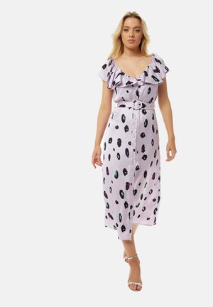 Lilac dress with ruffled sleeves, featuring a button front and belt. Patterned with black, green, and purple spots. Smooth fabric texture.