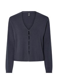 Cárdigan de punto gris oscuro con cuello en V, mangas largas y cierre frontal con botones. Textura suave y diseño corto con seis botones.