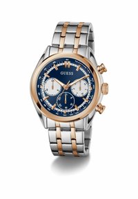 Orologio cronografo con quadrante blu navy, bracciale in acciaio inox argento e oro rosa, e tre sottodial per le funzioni di cronometraggio.