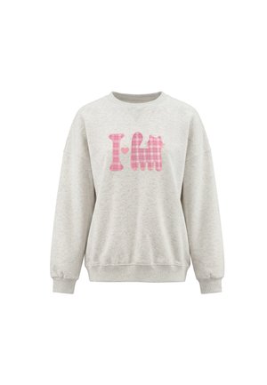 Felpa grigio chiaro con testo a quadri rosa che mostra "I love" e la forma di un gatto.